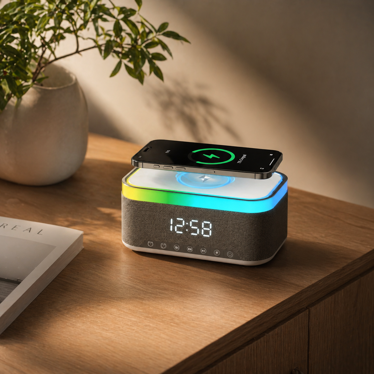 6-in-1 Smart Bedside Speaker with Wireless Charger & Night Light