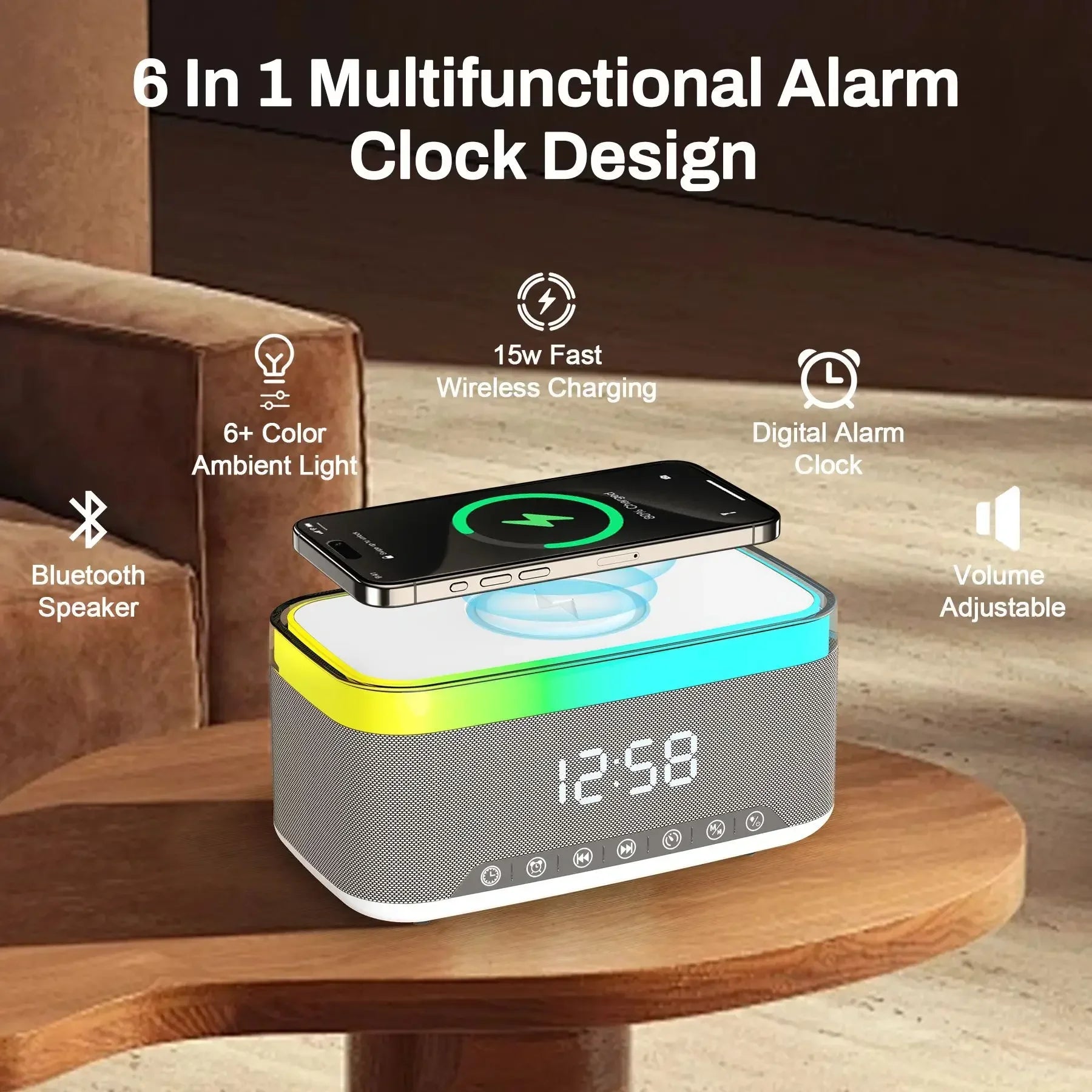 6-in-1 Smart Bedside Speaker with Wireless Charger & Night Light